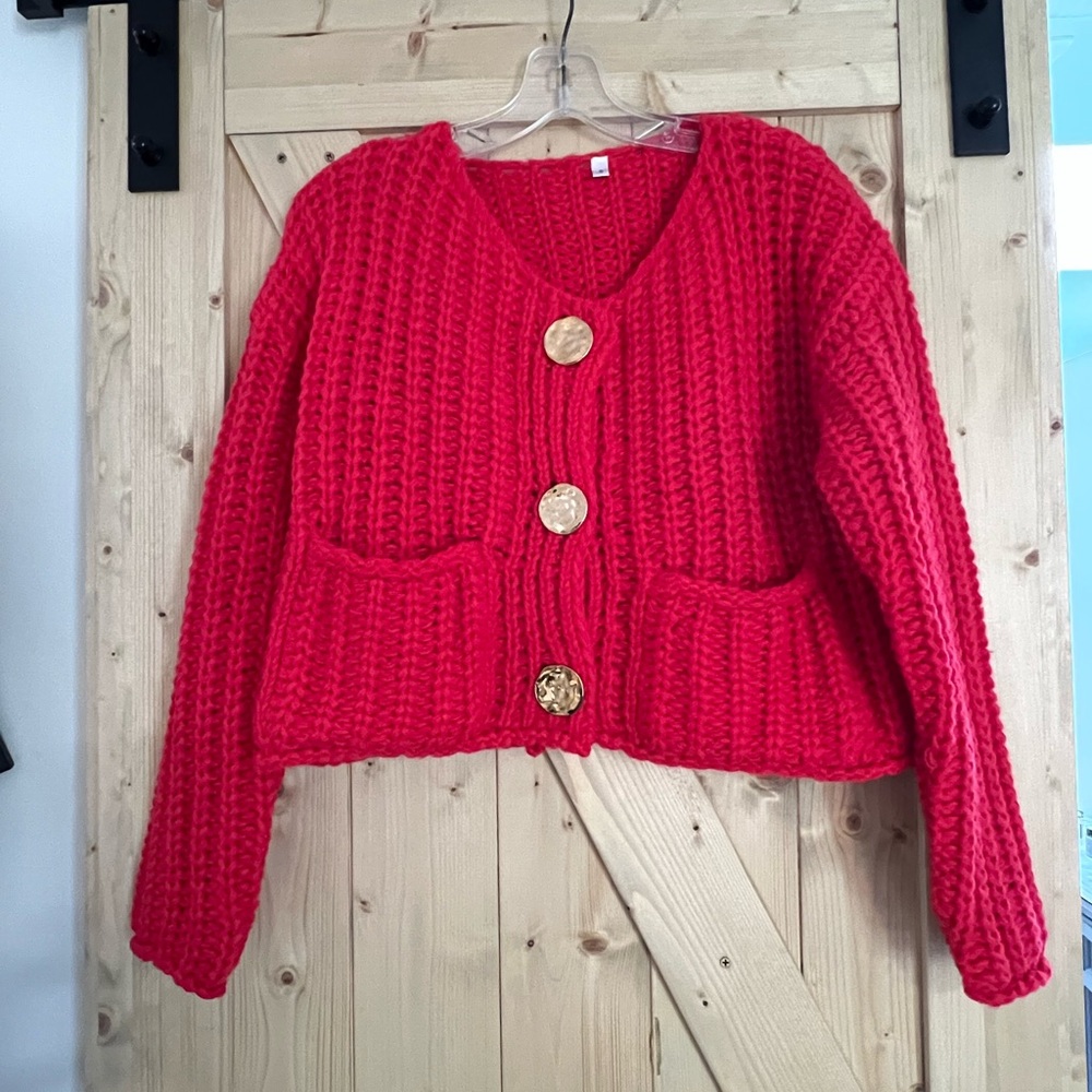 Red and Gold Chunky Knit Cardigan
